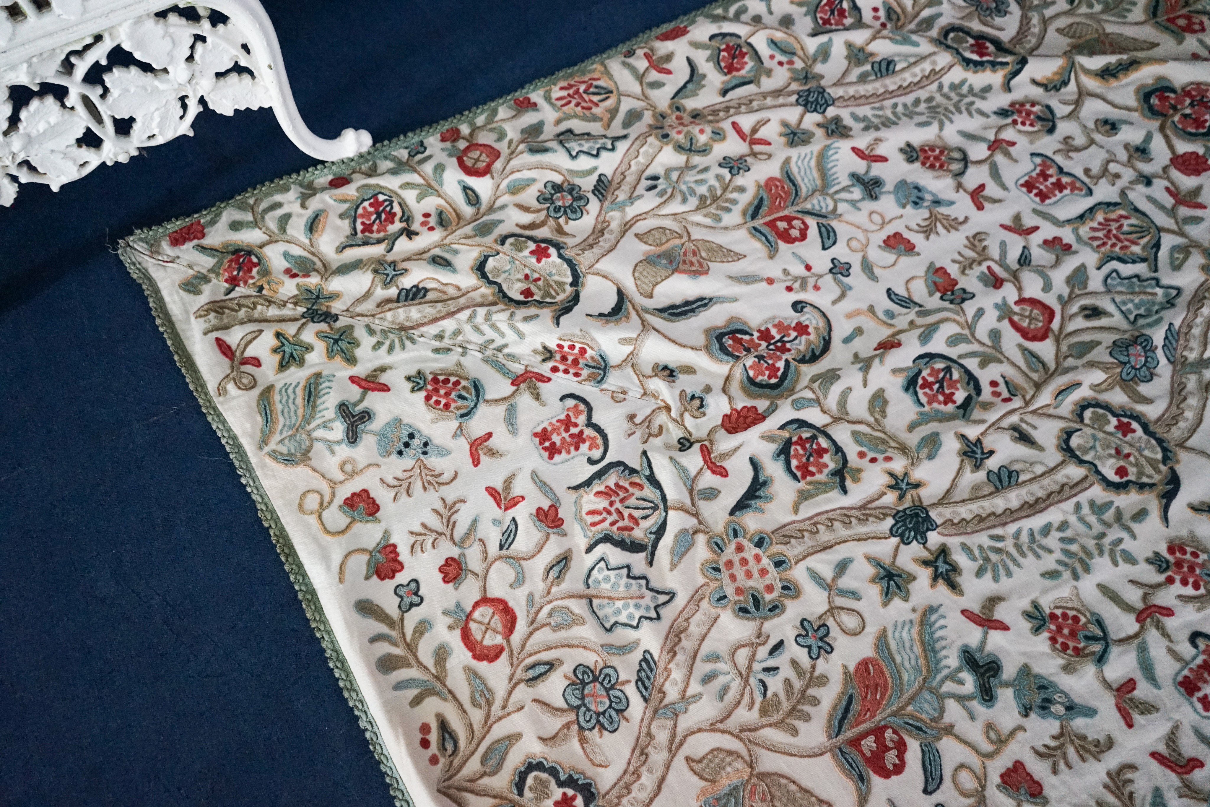 A Chelsea Textiles crewel work double bed spread, 550 x 260cm